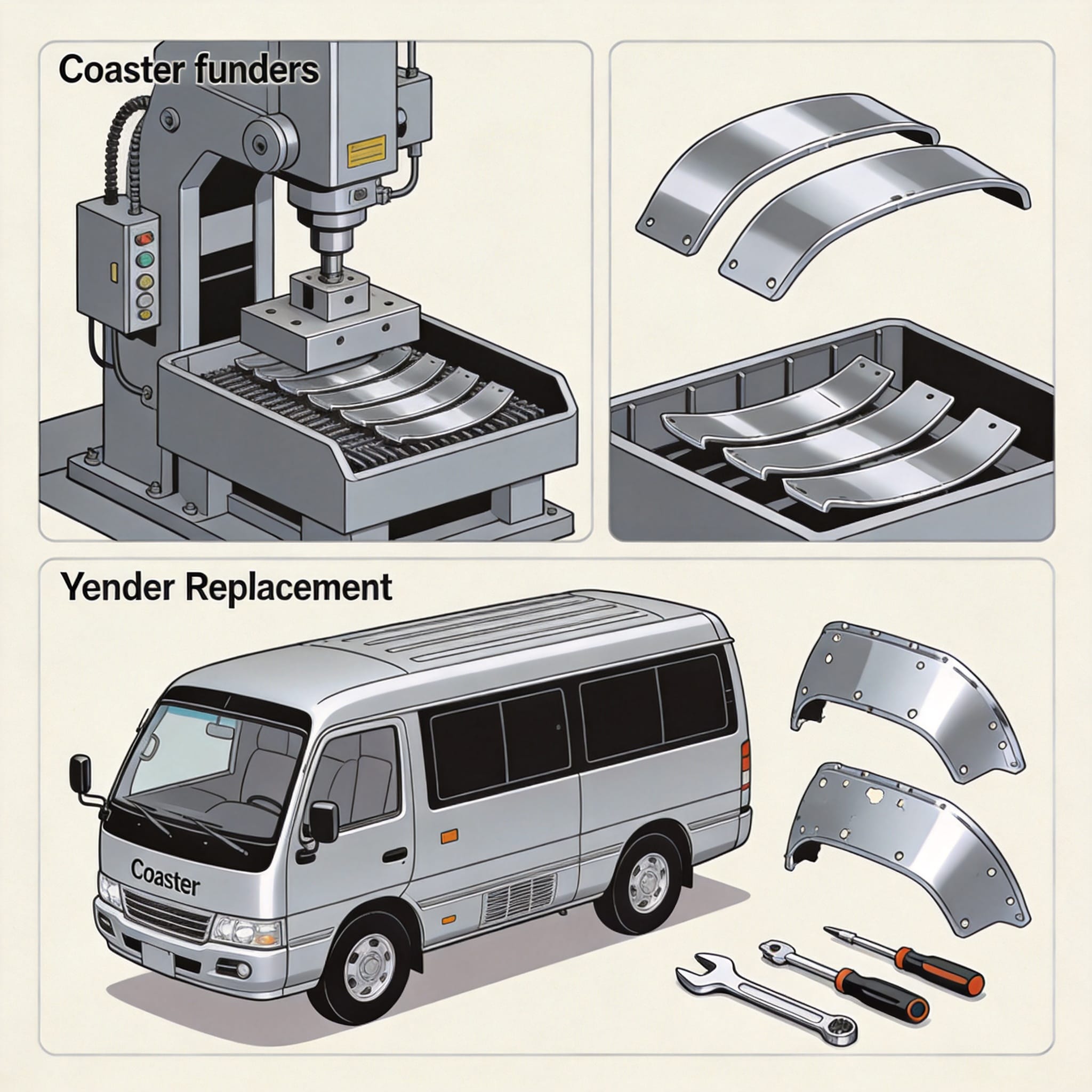 Configuración de la prensa y el troquel para el estampado del guardabarros del Coaster