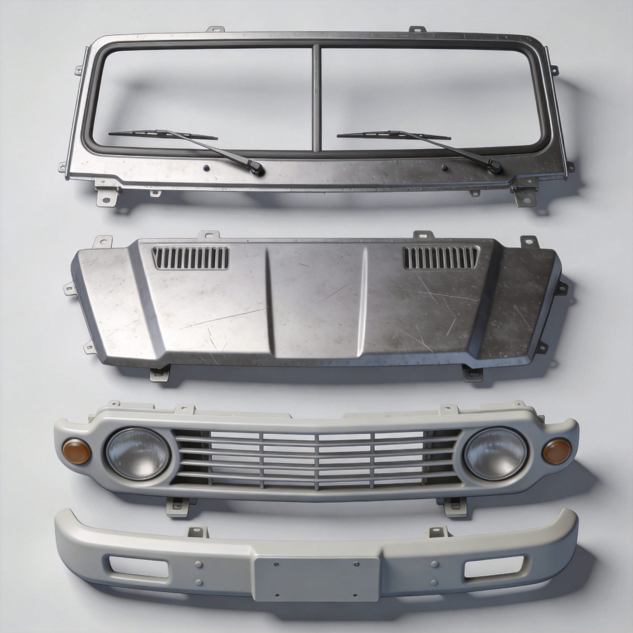 Schematische Darstellung des Frontpartie-Layouts des Toyota Coaster mit Angabe der Positionen von Motorhaube, Kühlergrill und Stoßstange.