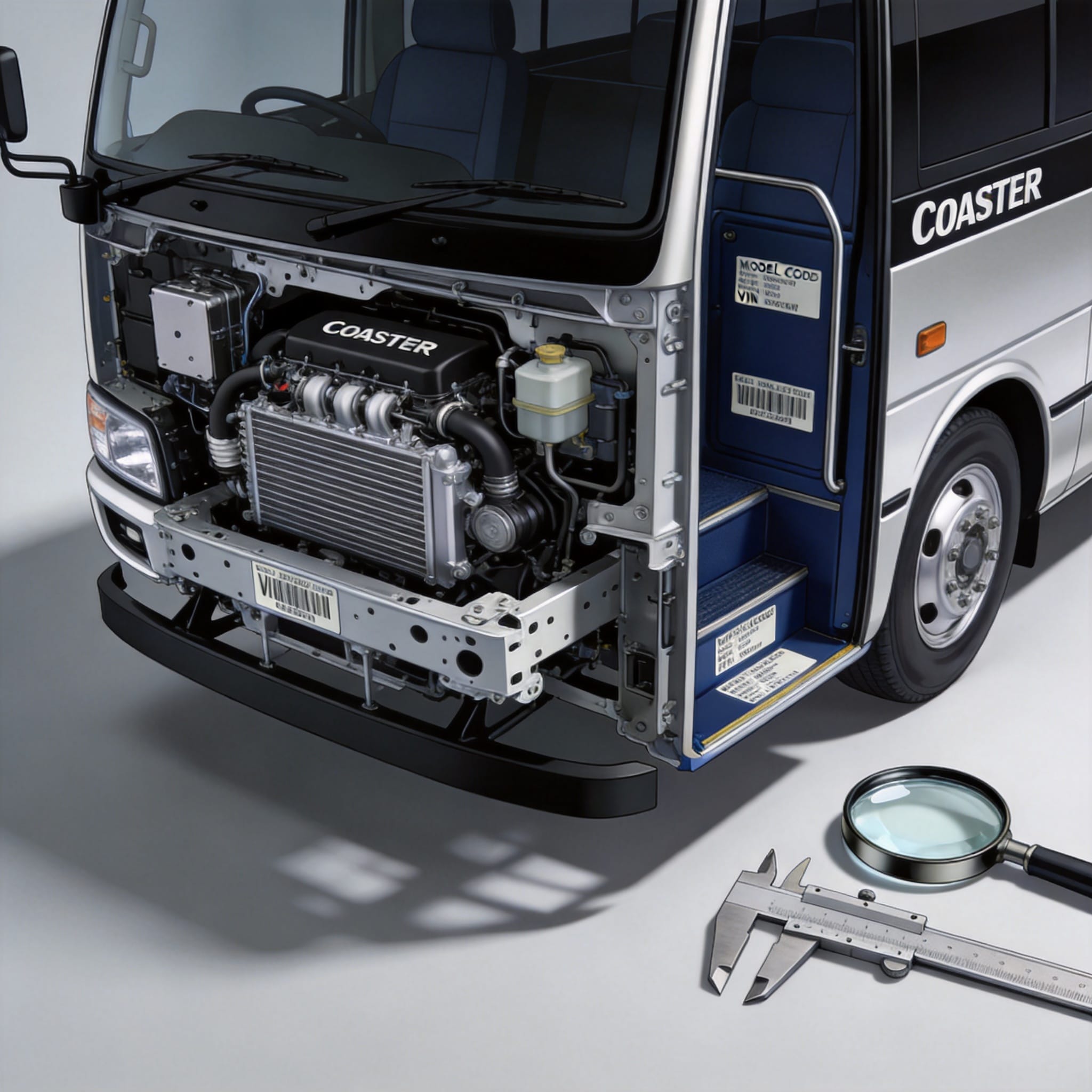 Gros plan sur le marquage VIN JTGFB du châssis d'un Toyota Coaster