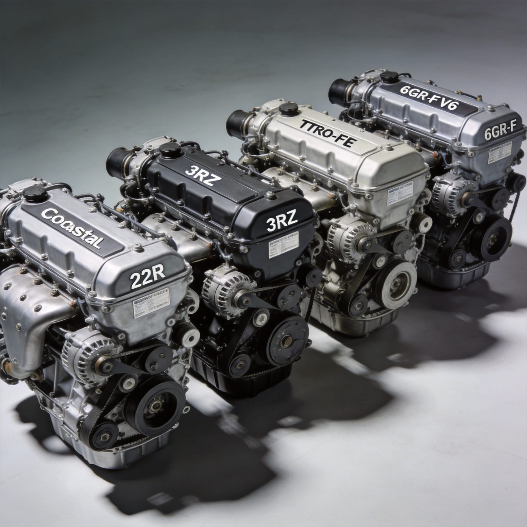 Motorraum des Toyota Coaster mit vier verschiedenen Benzinmotormodellen.