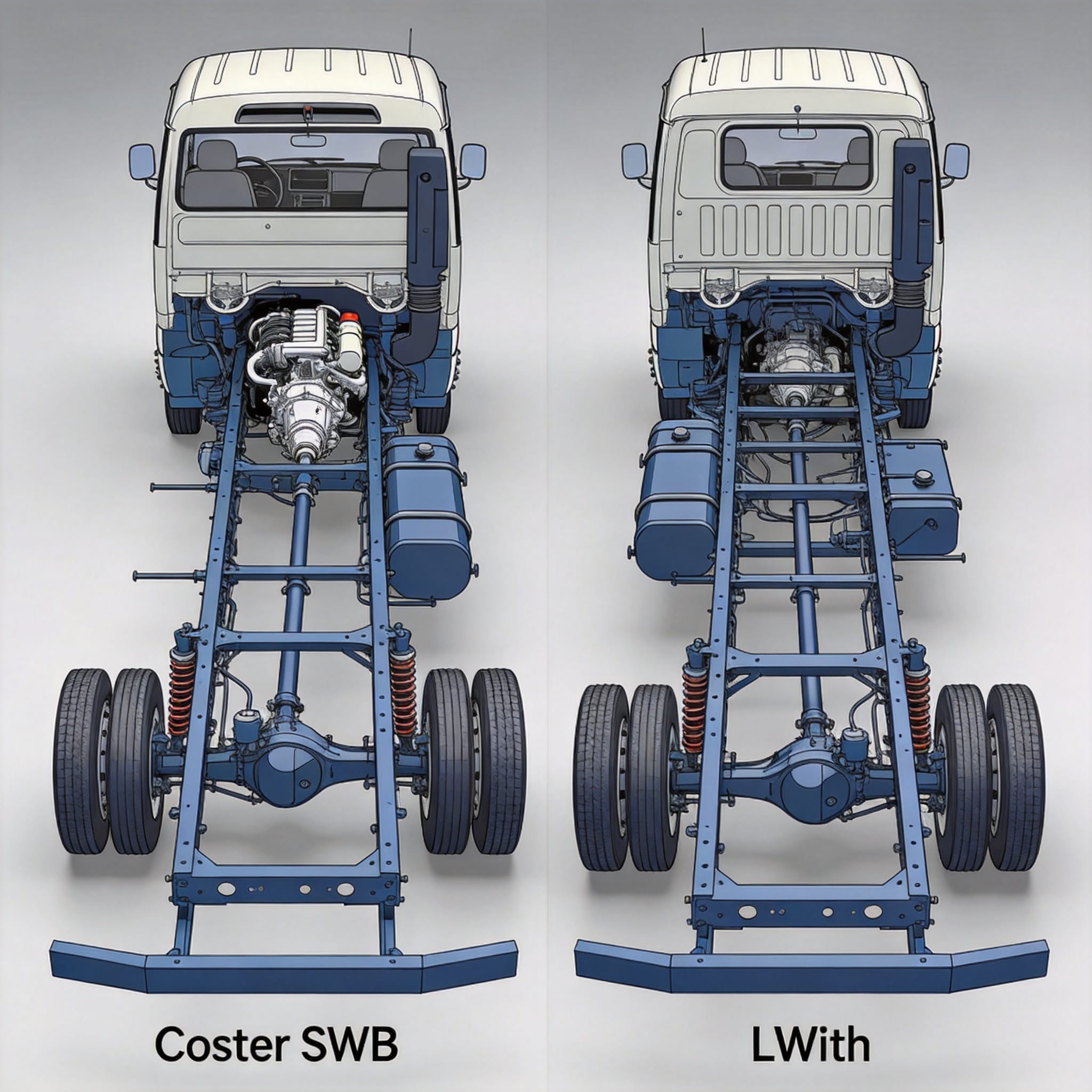 Toyota Coaster SWB and LWB side by side comparison