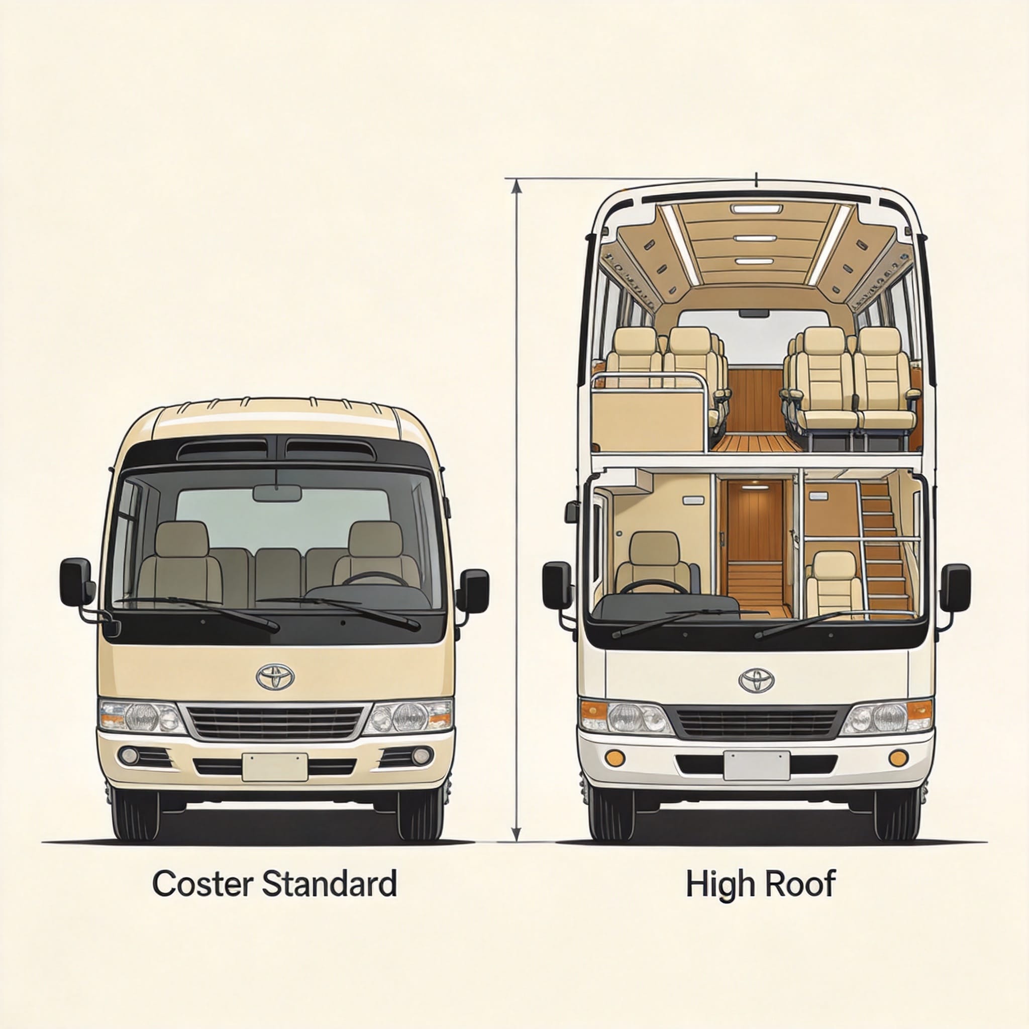 Toyota Coaster Standard and High Roof side-by-side comparison