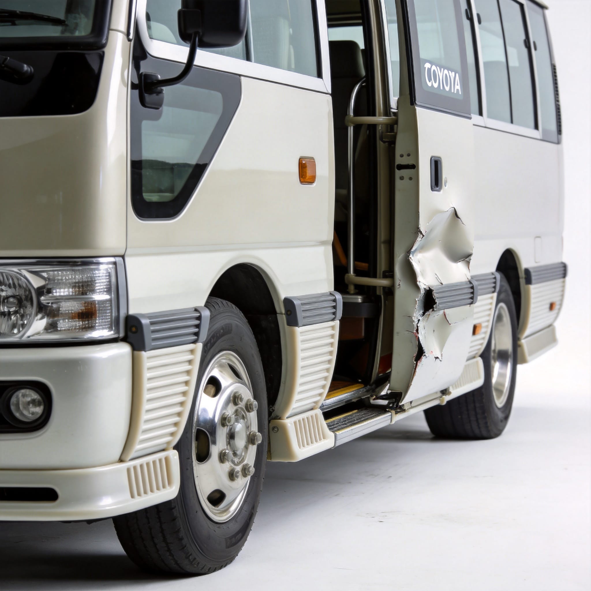 Повреждение боковой панели Toyota Coaster от удара двери.