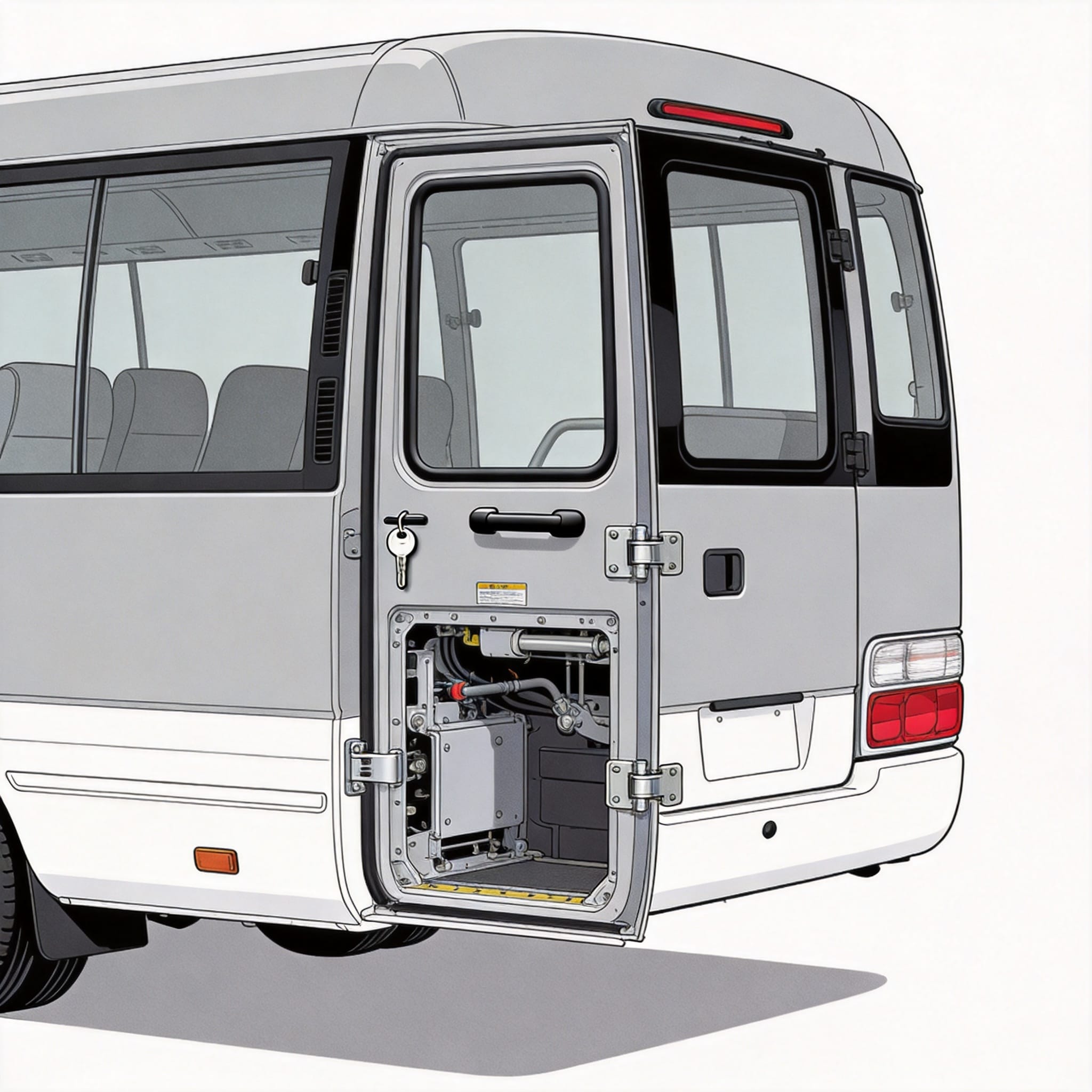 Toyota Coaster emergency door location on the left side of the bus