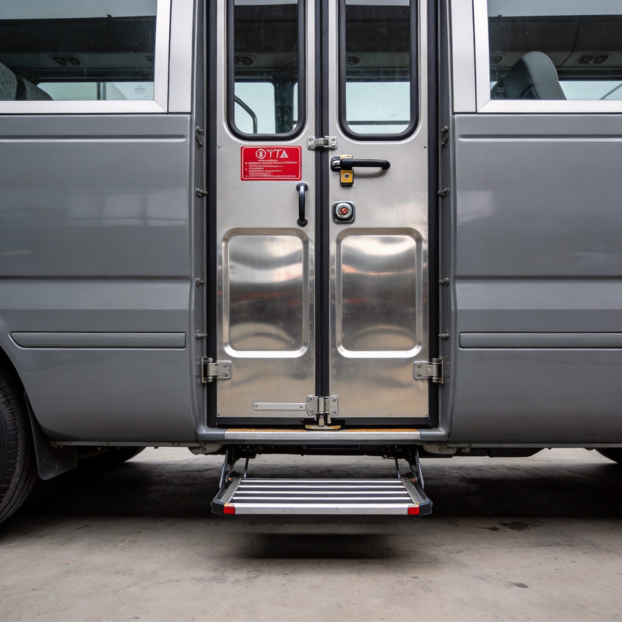 Close-up of the emergency door red handle and locking mechanism