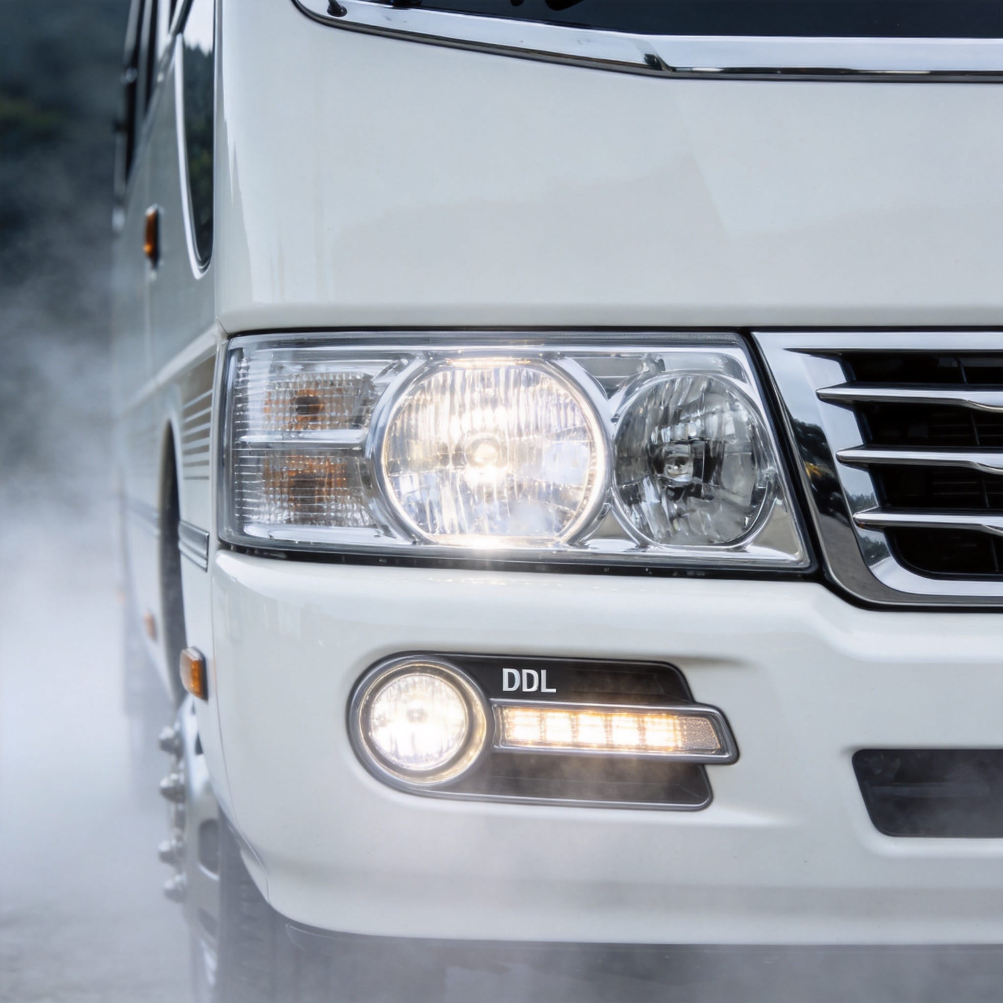 Gros plan sur le boîtier du feu antibrouillard avant d'une Toyota Coaster