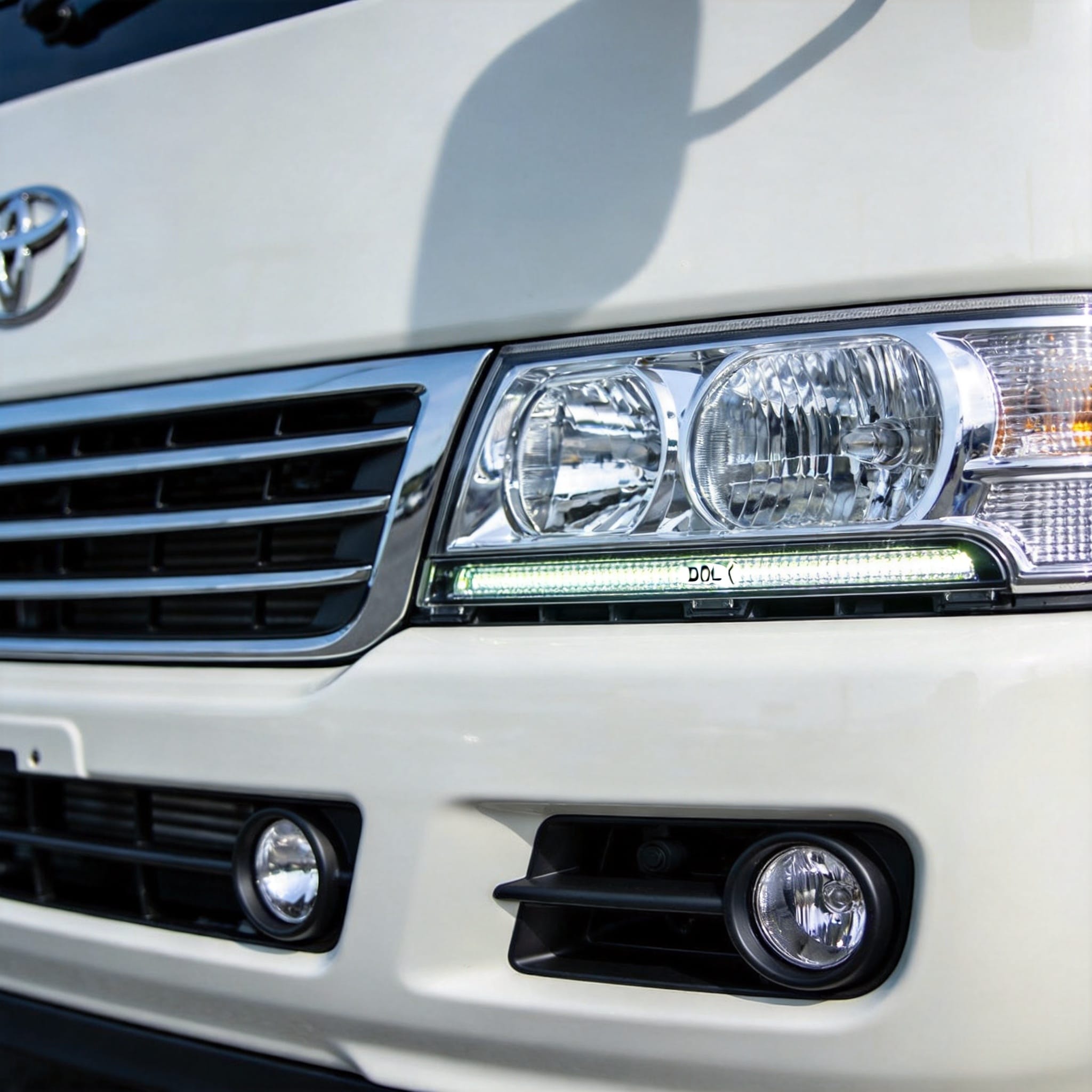 Toyota Coaster roulant sur l'autoroute avec les feux de jour allumés