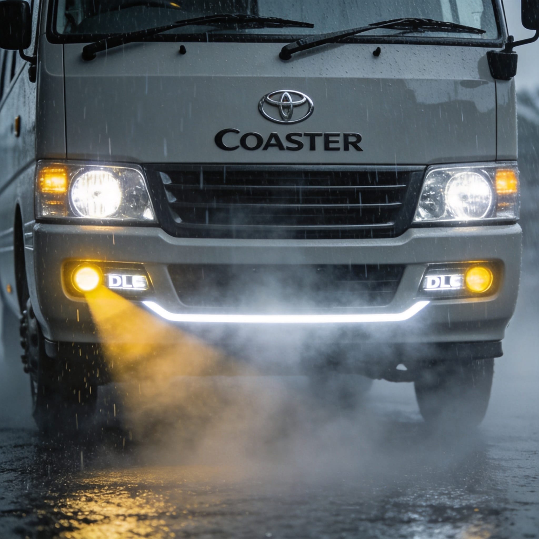 Toyota Coaster roulant sous une pluie battante, phares allumés