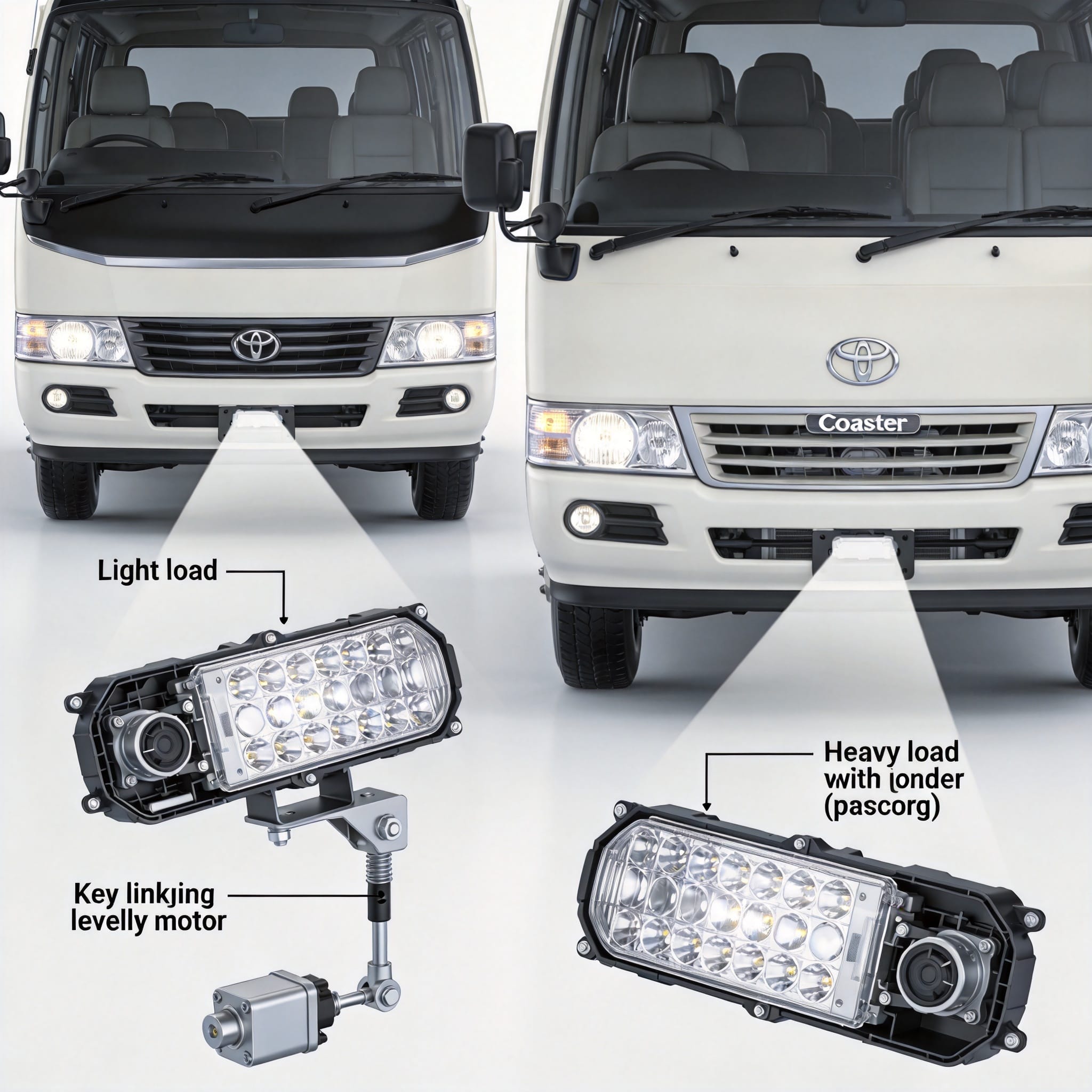 Faisceau lumineux des phares d'une Toyota Coaster sur un mur