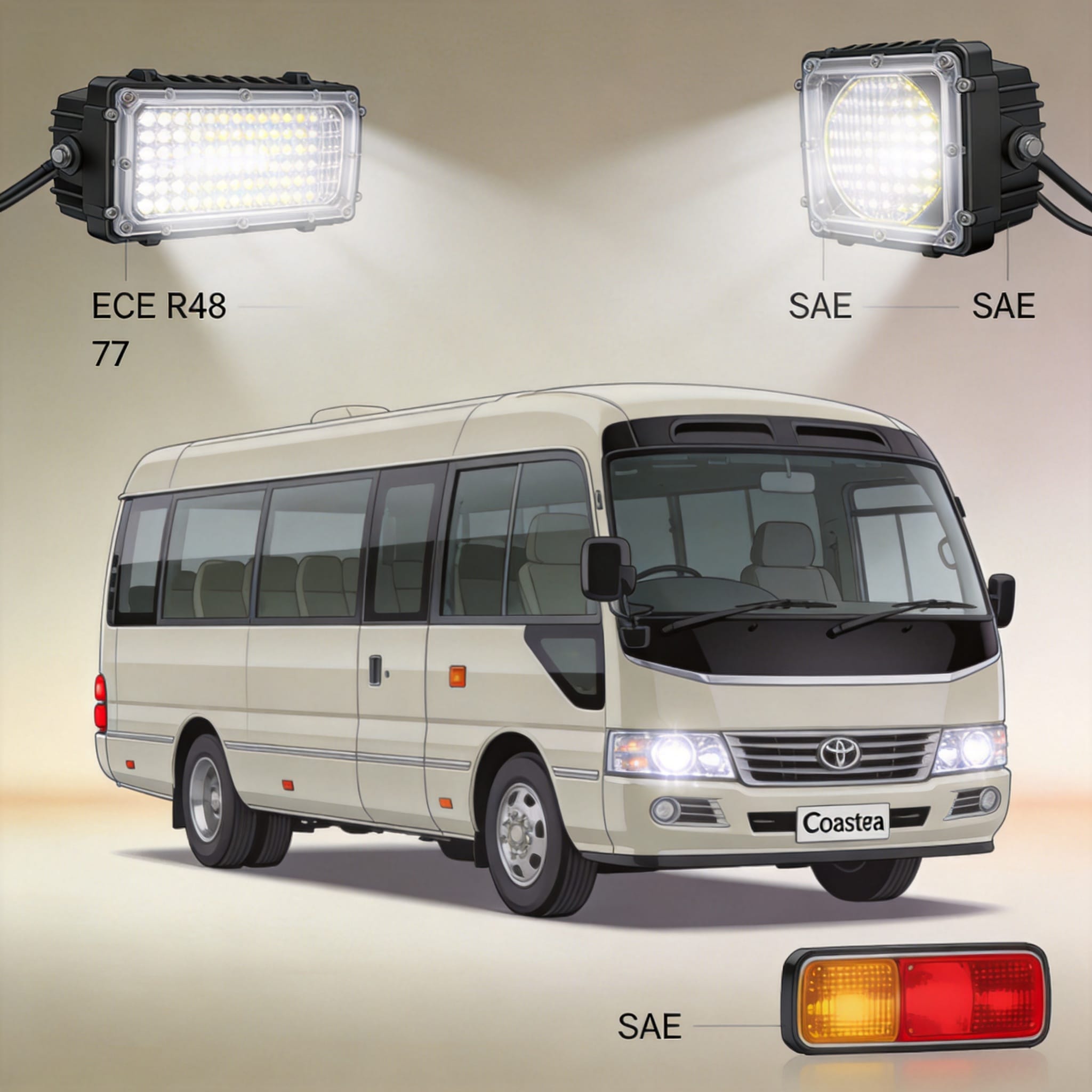 Tableau comparatif des normes de conformité d'éclairage du Toyota Coaster