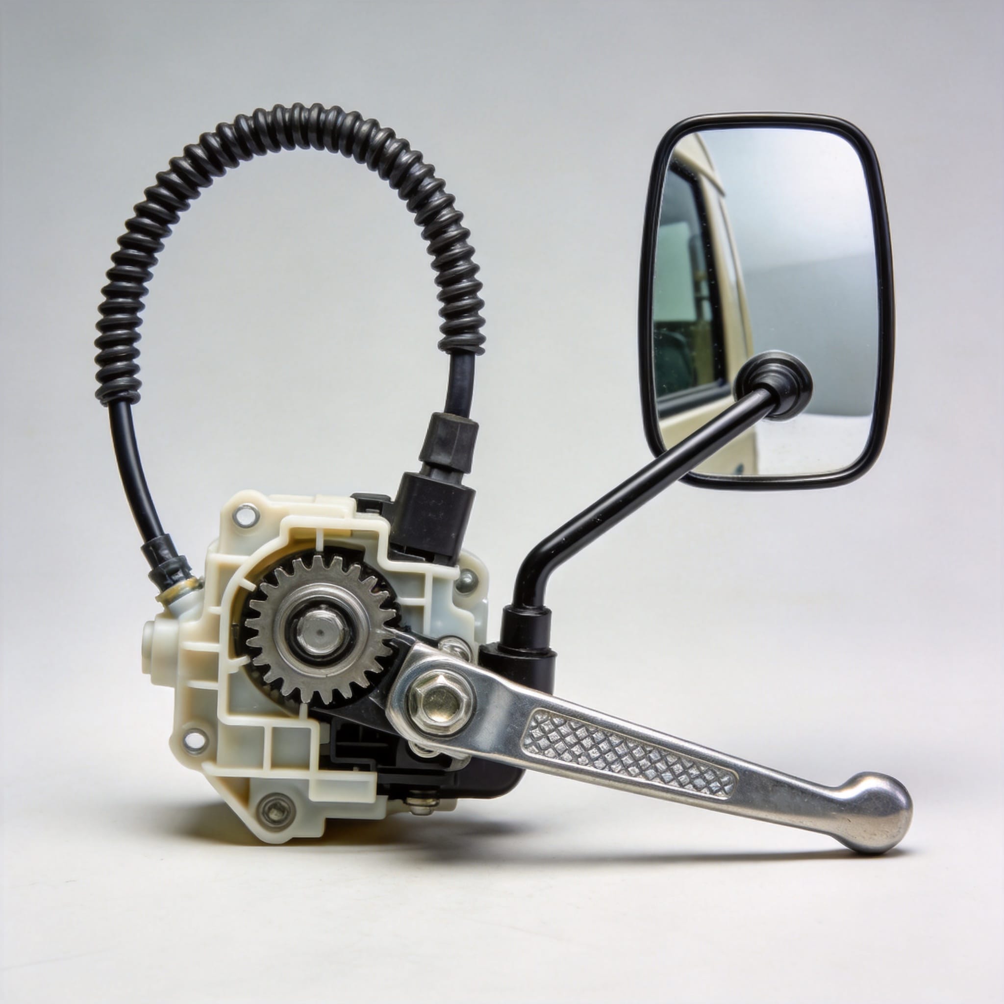 Manual mirror adjustment joystick inside Coaster cabin