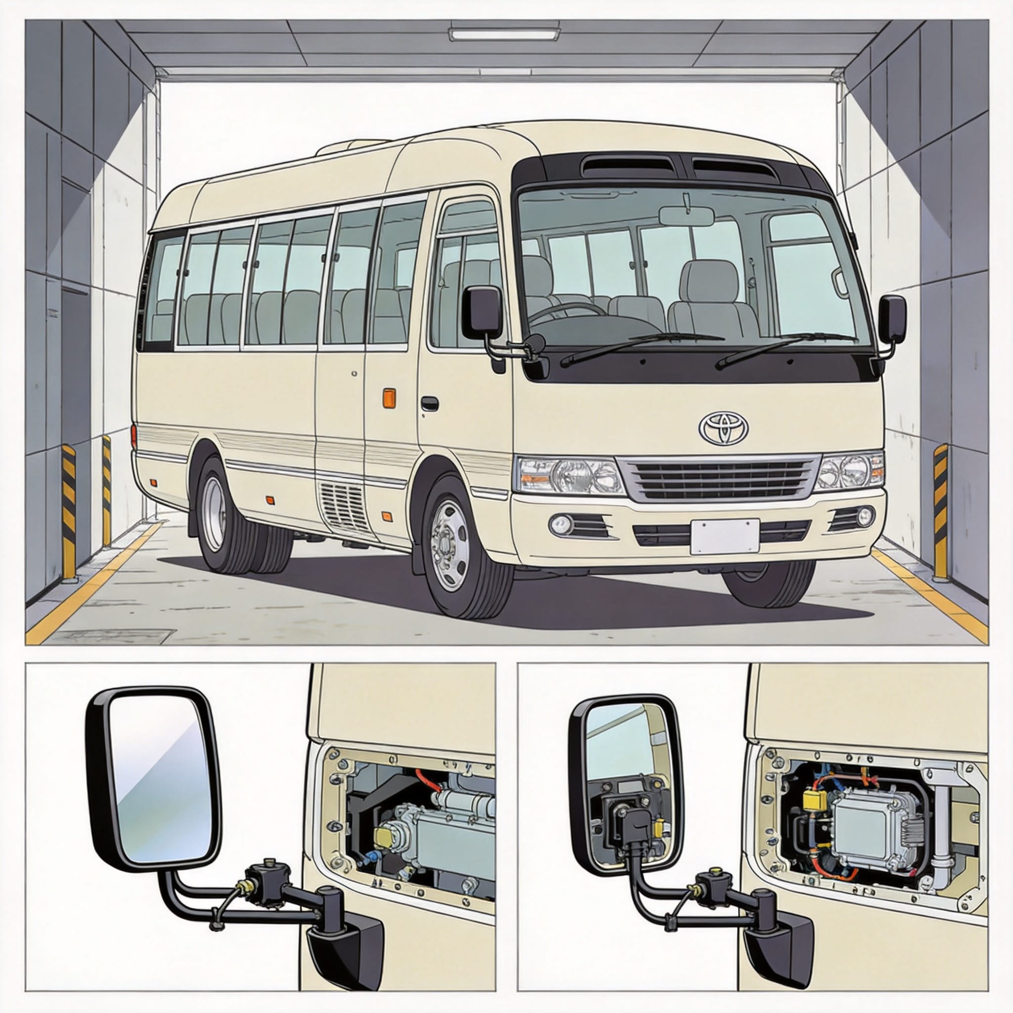 Hand folding a Toyota Coaster mirror manually