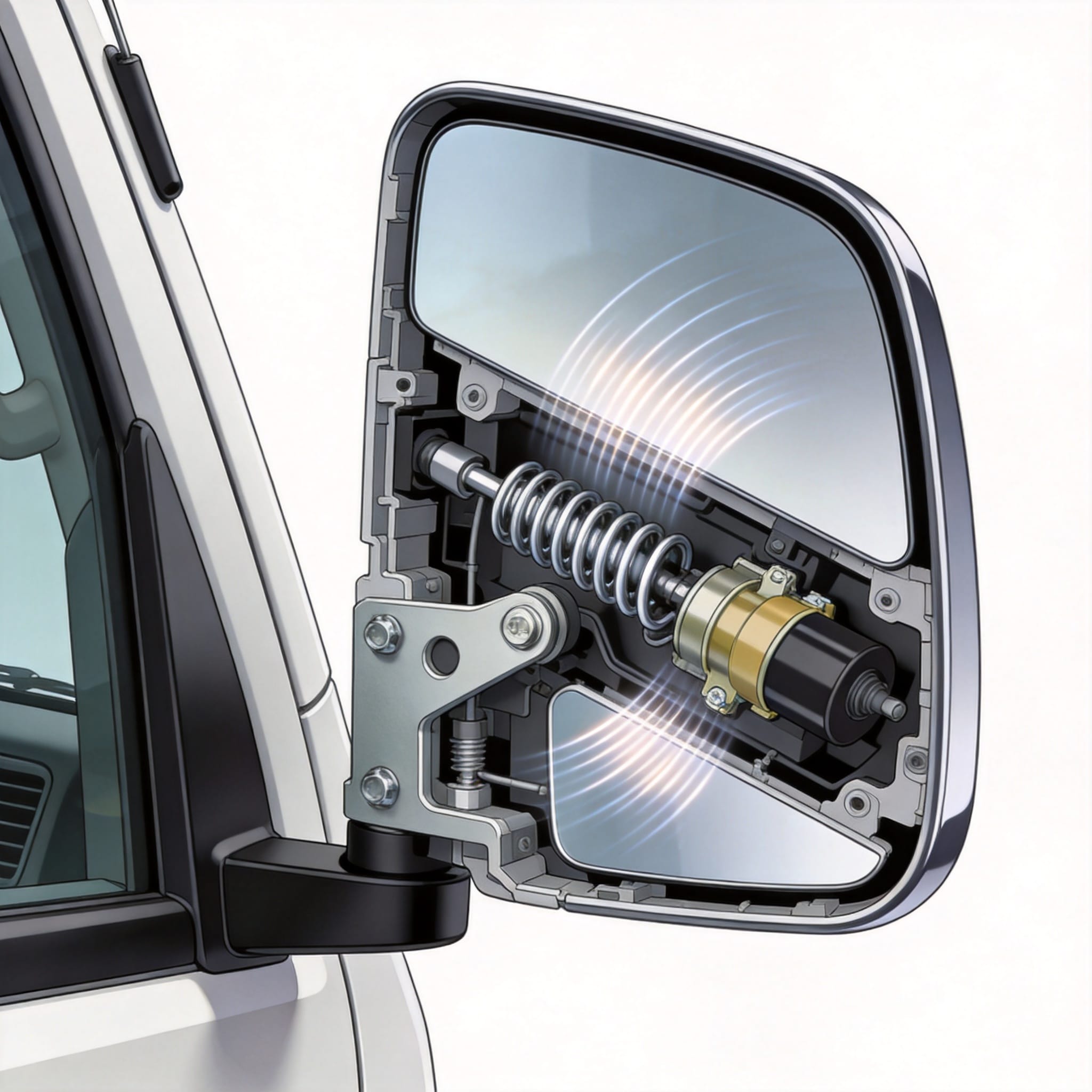Mechanic inspecting Toyota Coaster mirror bracket