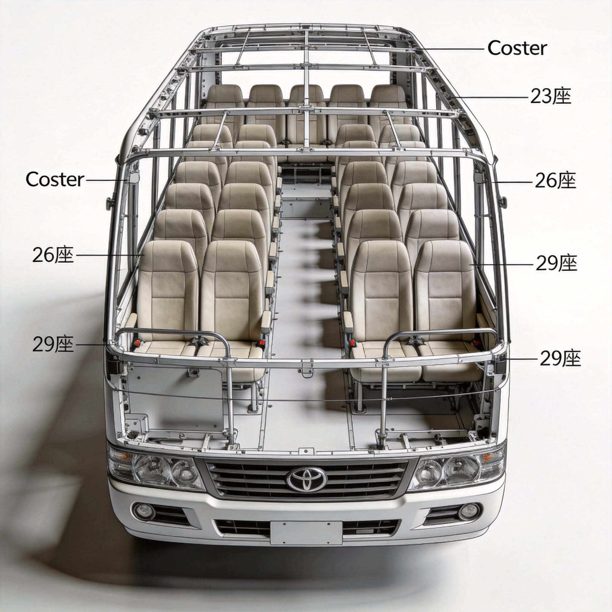 Dimensiones del chasis y la distribución del piso del Toyota Coaster