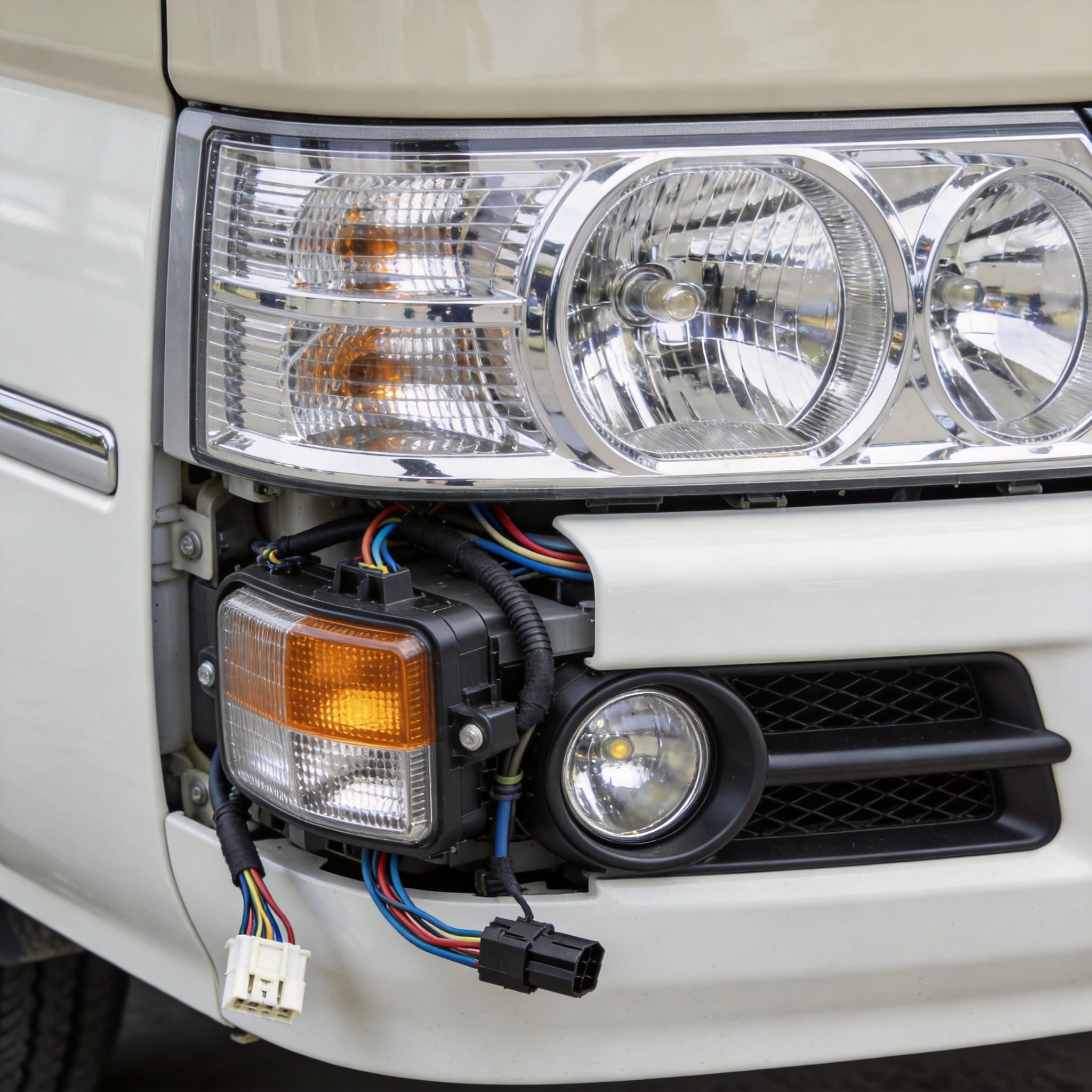 Techniker prüft die Spannung der Seitenleuchten eines Toyota Coaster mit einem Multimeter.